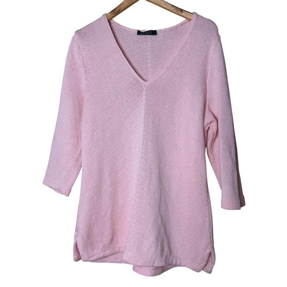 Lauren Ralph Lauren Pink V-Neck 3/4 Sleeve Textured Knit Sweater Women Large